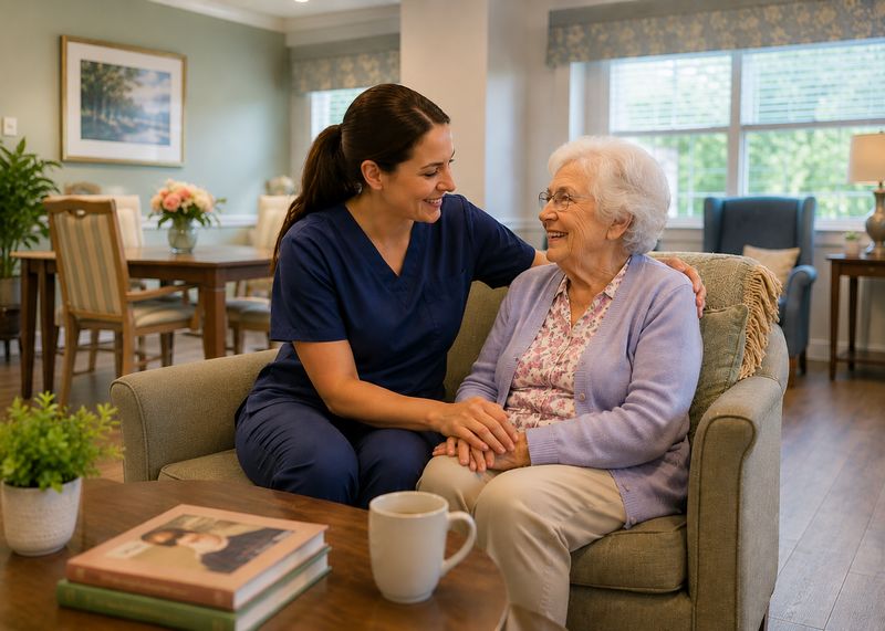 Caring staff with resident at The Waters of Princeton